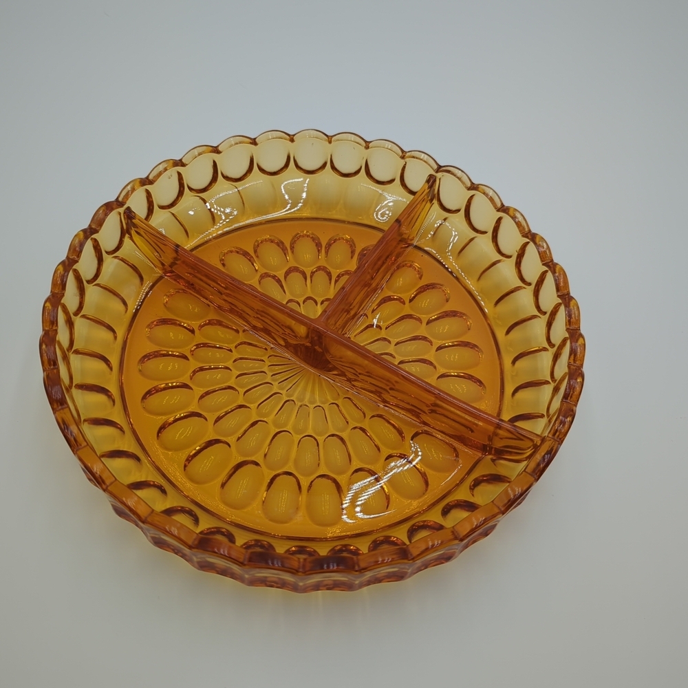 Fenton Glass Amber Thumbprint Relish or Candy Dish Vintage MCM Round 8.5 inch